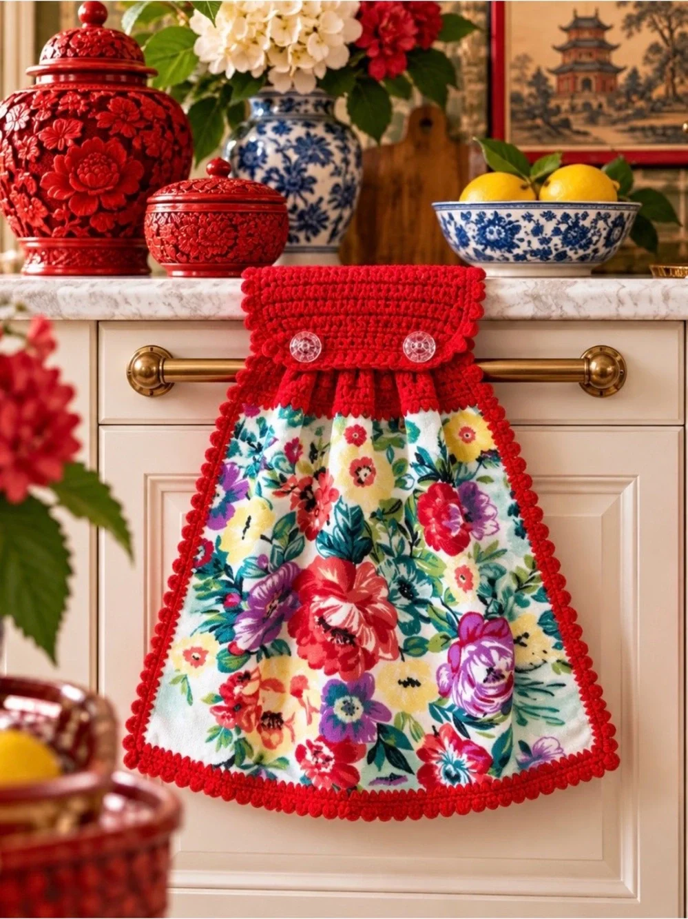 Pioneer Woman Floral Red Crochet Hanging Kitchen Towel
